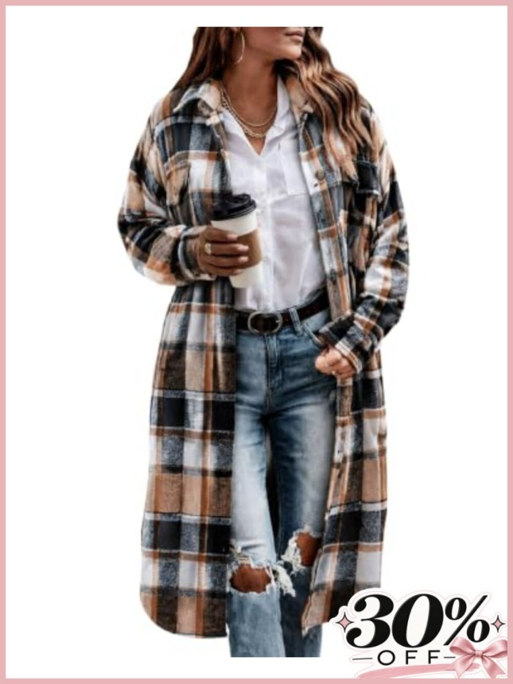 Oversized Plaid Flannel Shacket Button Down Long Shirt Jacket